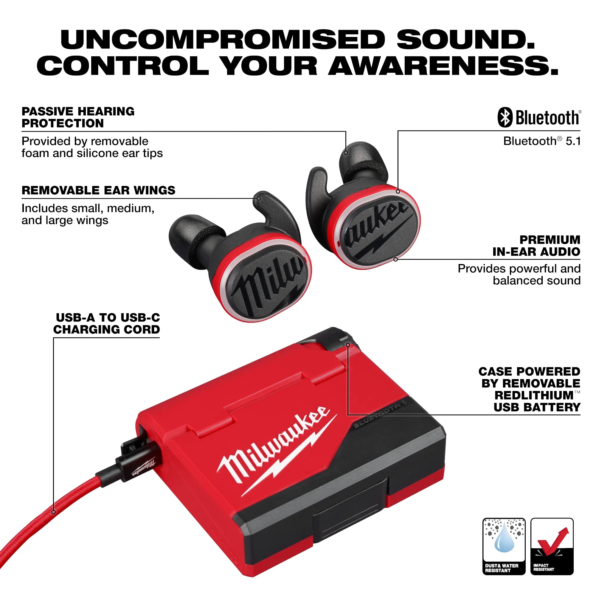 Milwaukee 2191-21, REDLITHIUM™ USB Bluetooth® Jobsite Ear Buds