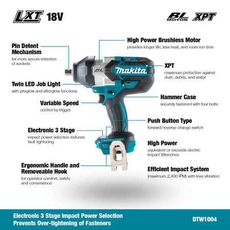 Makita DTW1004Z, 18V LXT Brushless High Torque 1/2" Impact Wrench (Tool Only)
