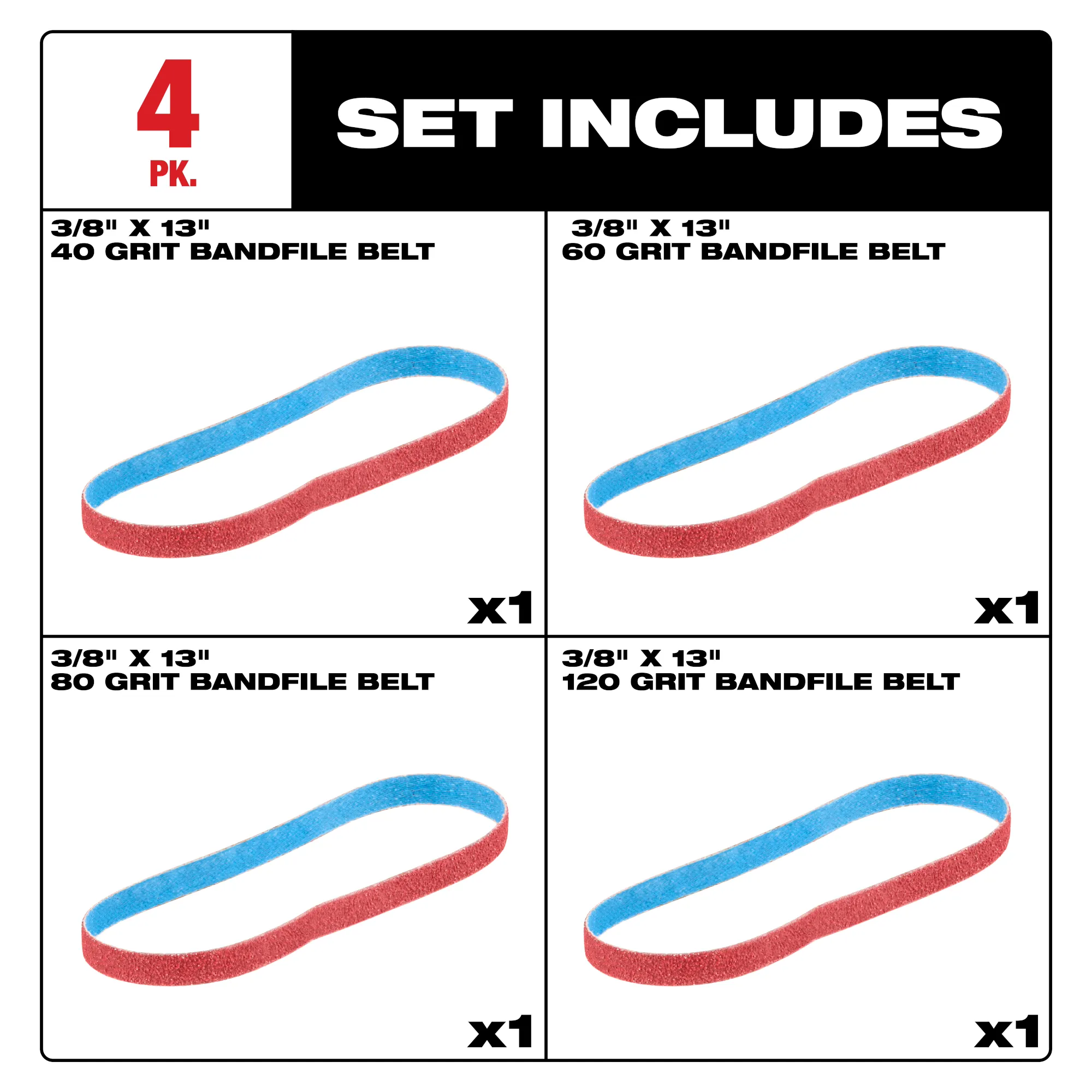 Milwaukee 48-80-7000, 3/8” x 13” 40/60/80/120 Grit Bandfile Belts – 4 pack variety