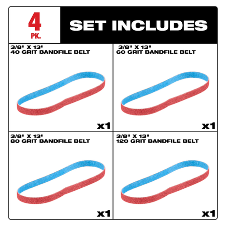 Milwaukee 48-80-7000, 3/8” x 13” 40/60/80/120 Grit Bandfile Belts – 4 pack variety