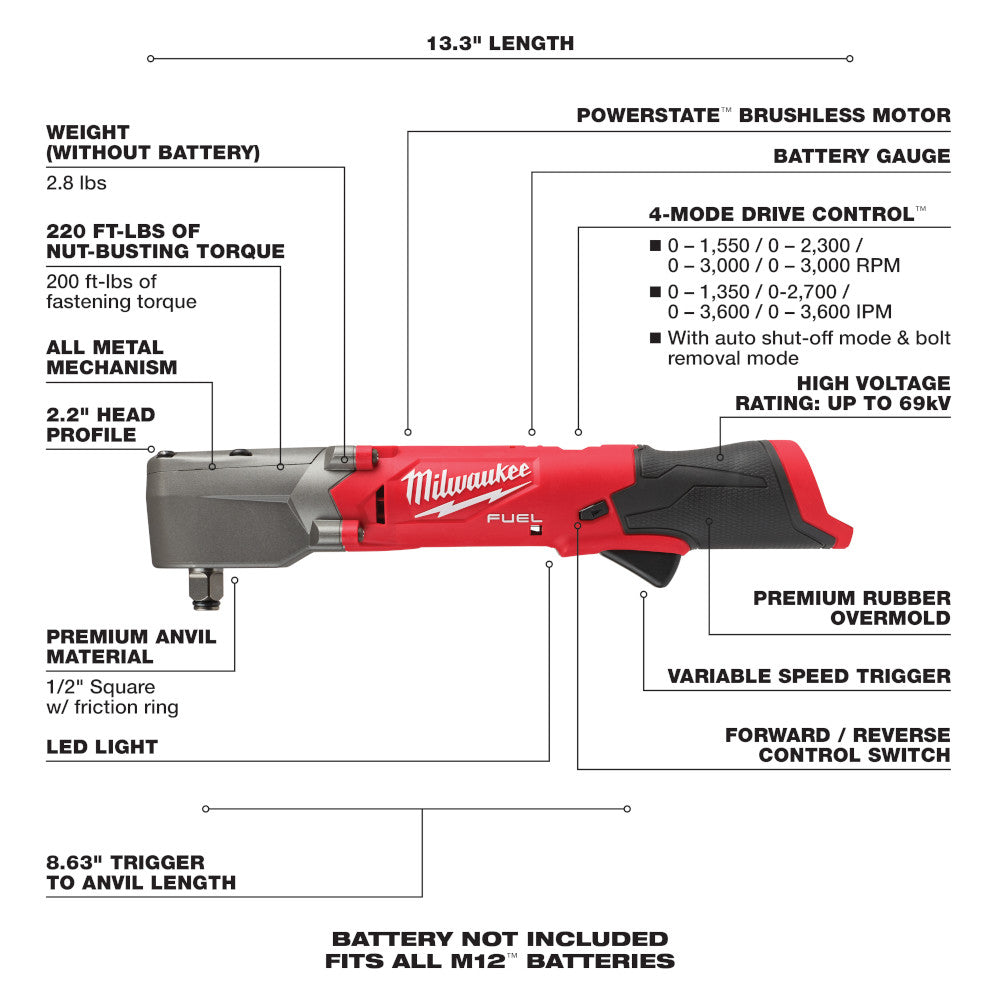 Milwaukee 2565-20, M12 FUEL 1/2" Right Angle Impact Wrench (Tool Only)