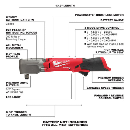 Milwaukee 2565-20, M12 FUEL 1/2" Right Angle Impact Wrench (Tool Only)