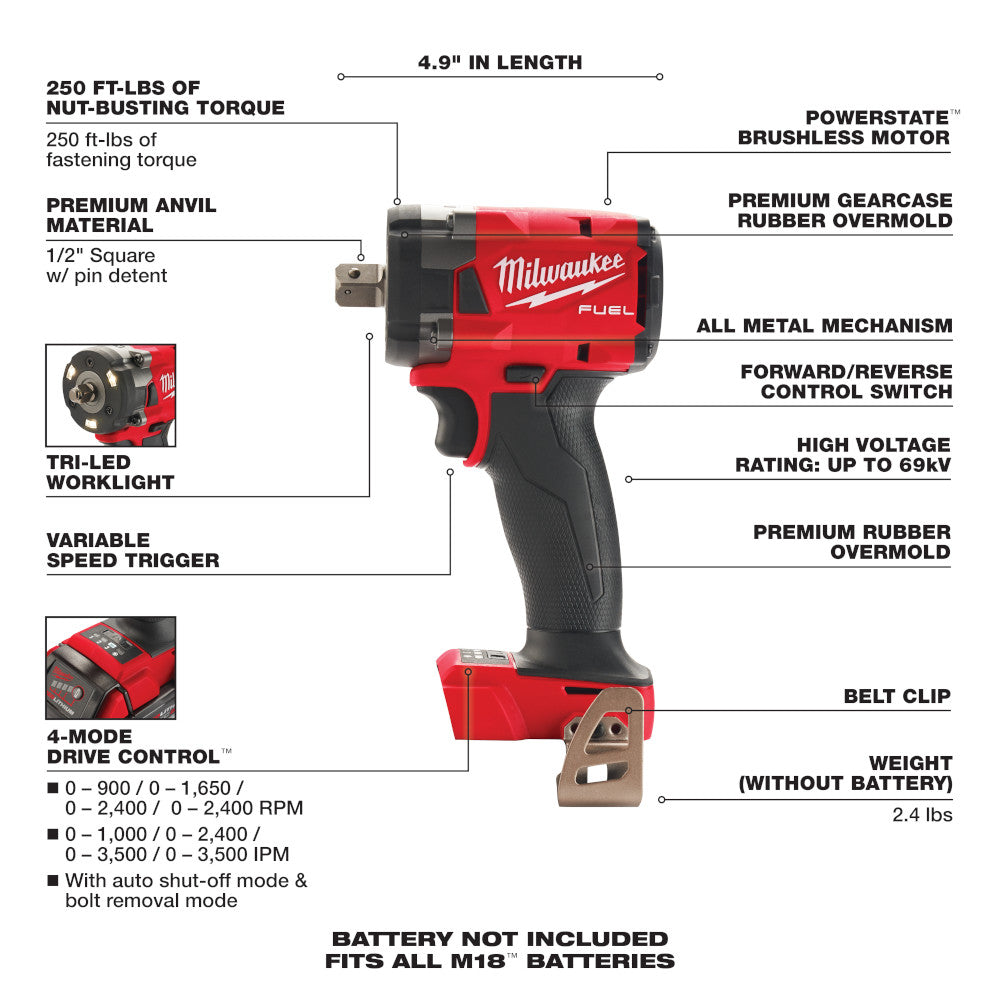 Milwaukee 2855P-20, M18 FUEL 1/2" Compact Impact Wrench w/ Pin Detent (Tool Only)