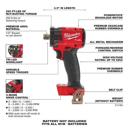 Milwaukee 2855P-20, M18 FUEL 1/2" Compact Impact Wrench w/ Pin Detent (Tool Only)