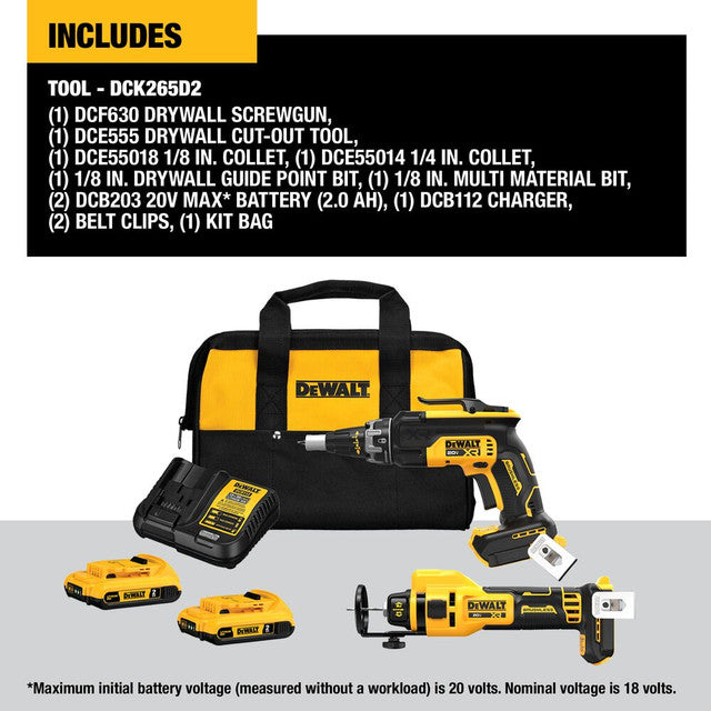 DEWALT DCK265D2, 20V MAX XR Brushless 2-Tool Drywall Screwgun & Cut-Out Tool 2x 2.0Ah Combo Kit