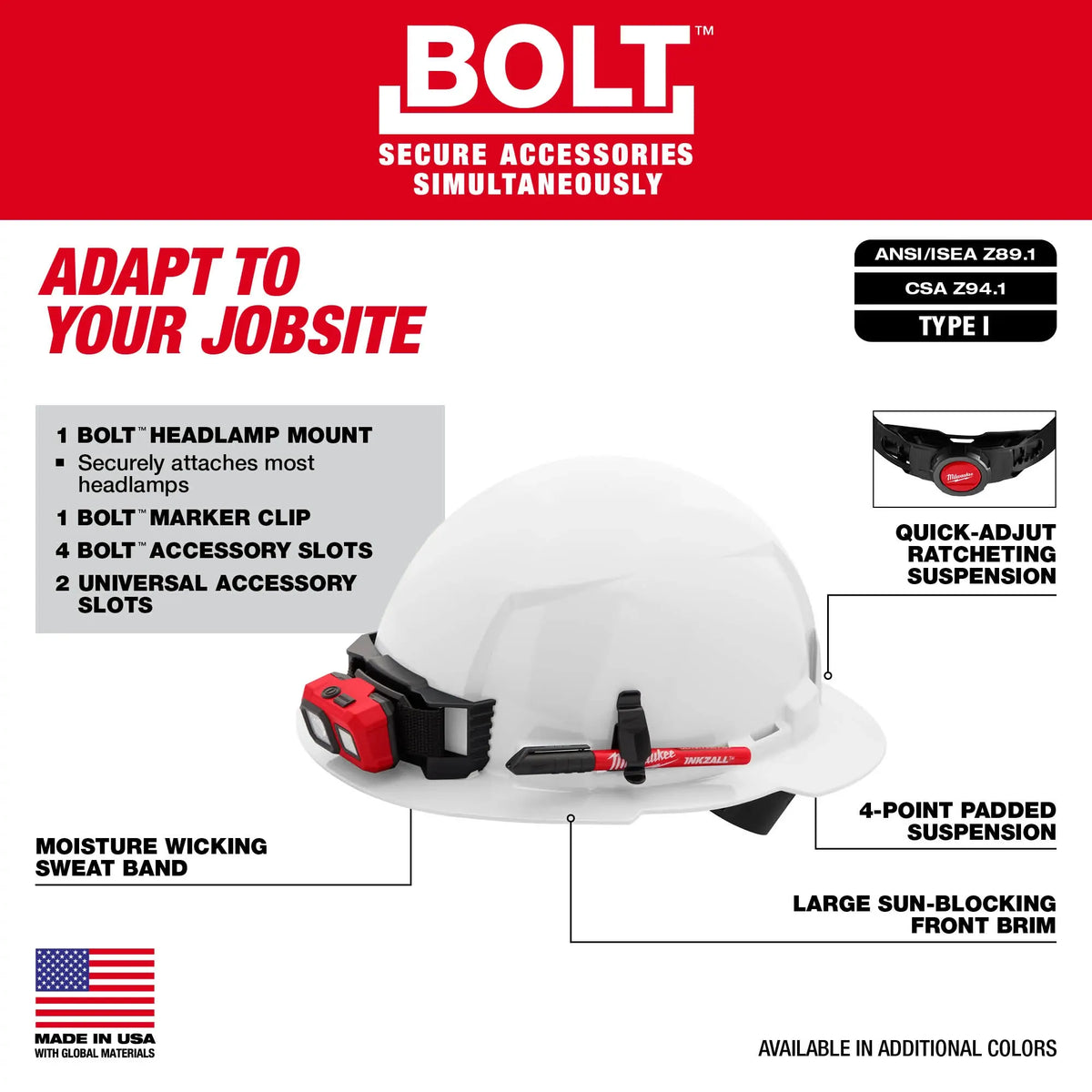 Milwaukee 48-73-1101, BOLT™ White Full Brim Hard Hat w/4pt Ratcheting Suspension (USA) - Type 1, Class E