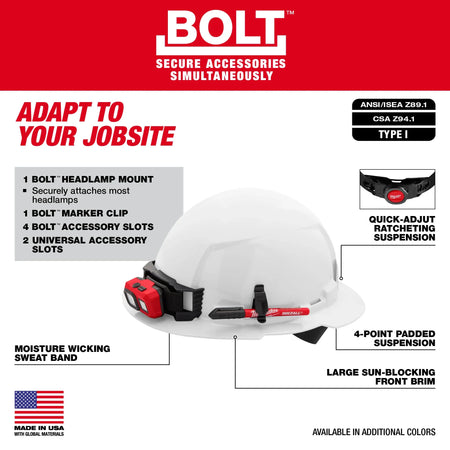 Milwaukee 48-73-1101, BOLT™ White Full Brim Hard Hat w/4pt Ratcheting Suspension (USA) - Type 1, Class E