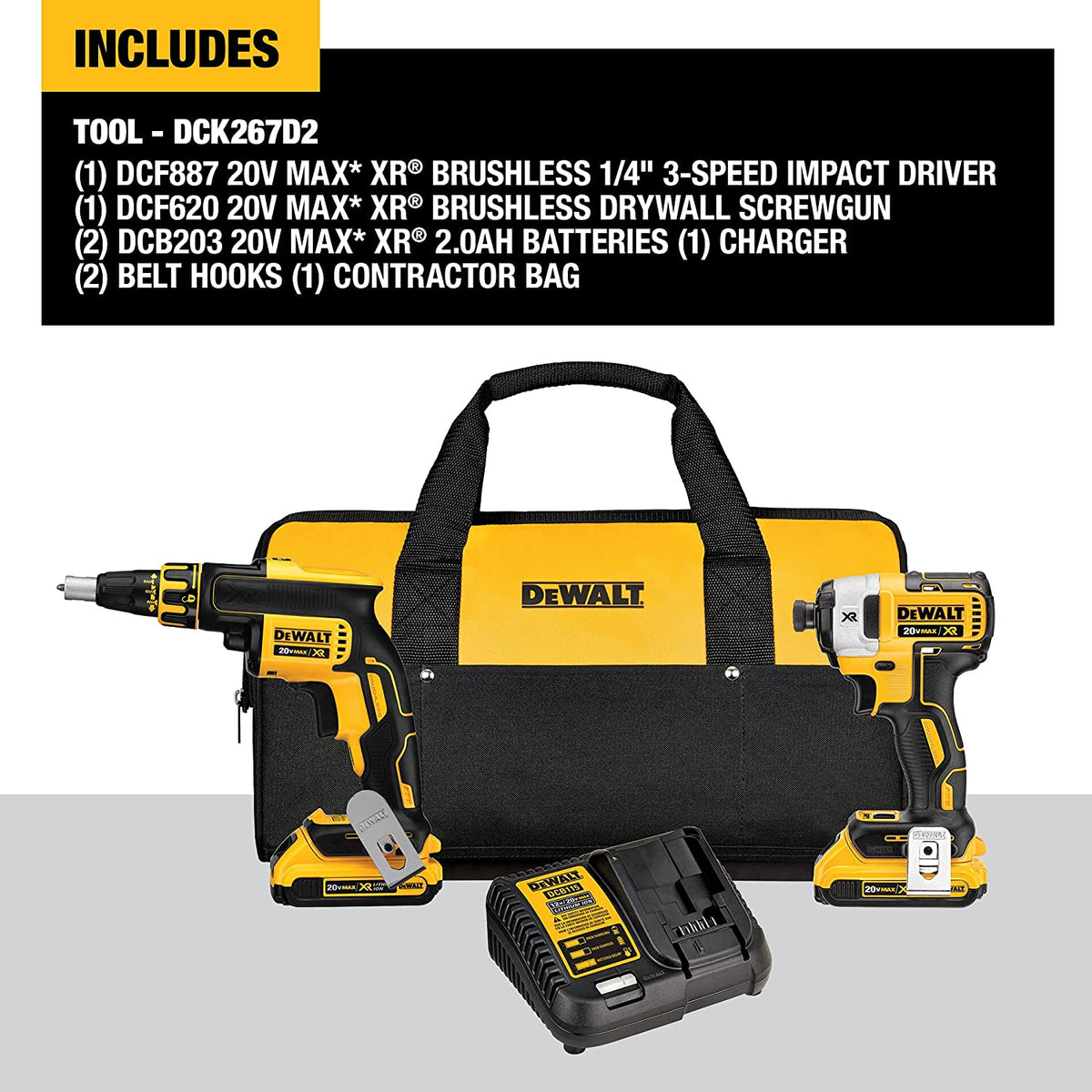 DEWALT DCK267D2, 20V MAX XR Drywall Screwgun & Impact Driver Kit (2.0Ah)