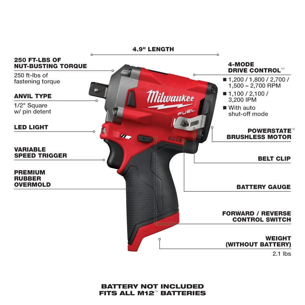 Milwaukee 2555P-20, M12 FUEL Stubby 1/2" Pin Impact Wrench (Tool Only)