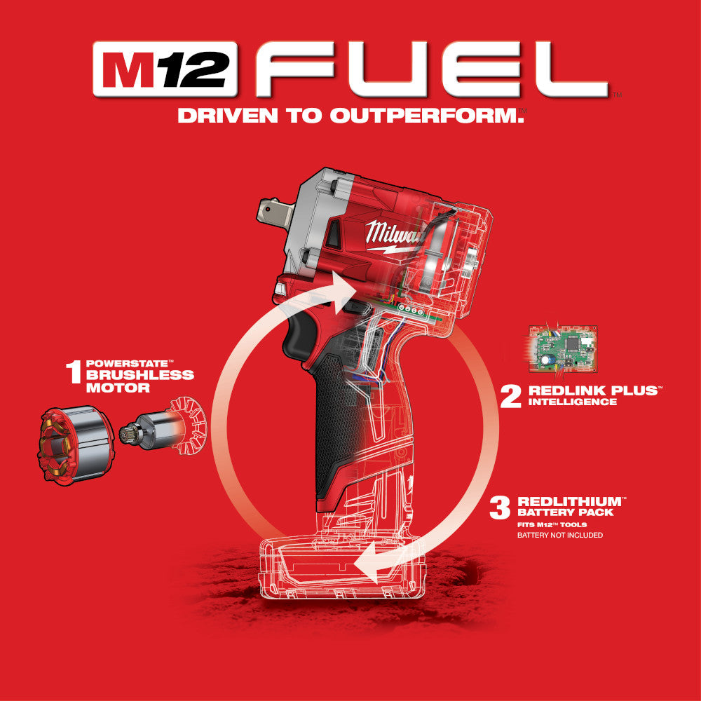 Milwaukee 2555P-20, M12 FUEL Stubby 1/2" Pin Impact Wrench (Tool Only)