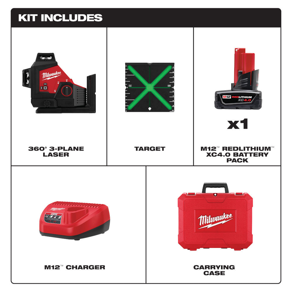 Milwaukee 3632-21, M12 Green 360° 3-Plane Laser Kit
