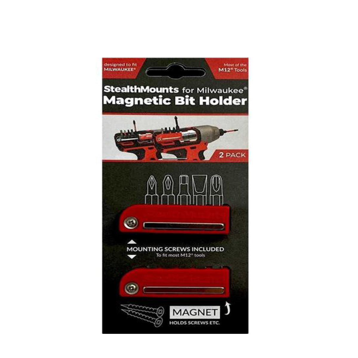 StealthMounts BH-MW12-RED-2, Bit Holder for Milwaukee M12 (2 Pack) - Red