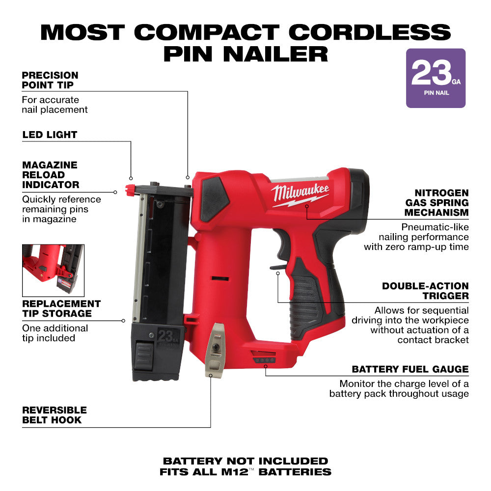 Milwaukee 2540-20, M12 23 Gauge Pin Nailer (Tool Only)