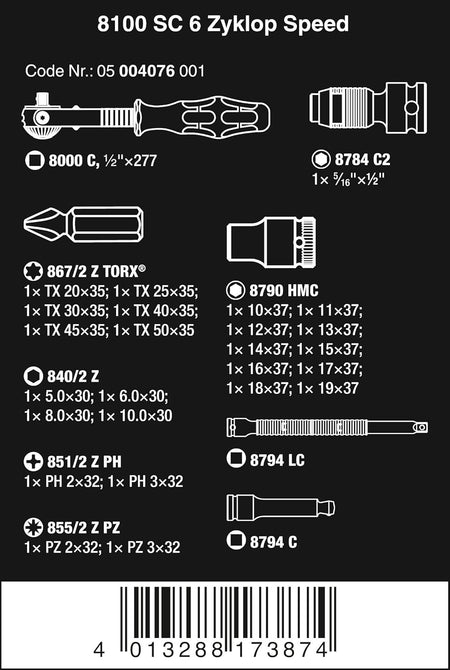 Wera 05004076001, 8100 SC 6 ZYKLOP SPEED RATCHET SET, 1/2" DRIVE, METRIC, 28 PIECES