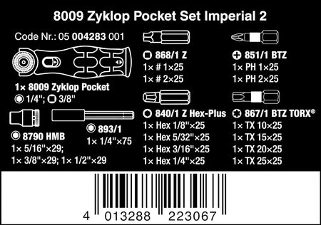 Wera 05004283001, 8009 ZYKLOP POCKET IMPERIAL SET 2, 18 PIECES