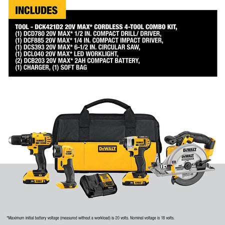 DEWALT DCK421D2, 20V MAX 4-Tool Combo Kit (2.0 Ah)