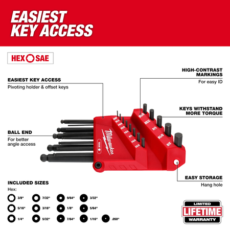 Milwaukee 48-22-2185, 13-Key Ball End  L-Key Set - SAE