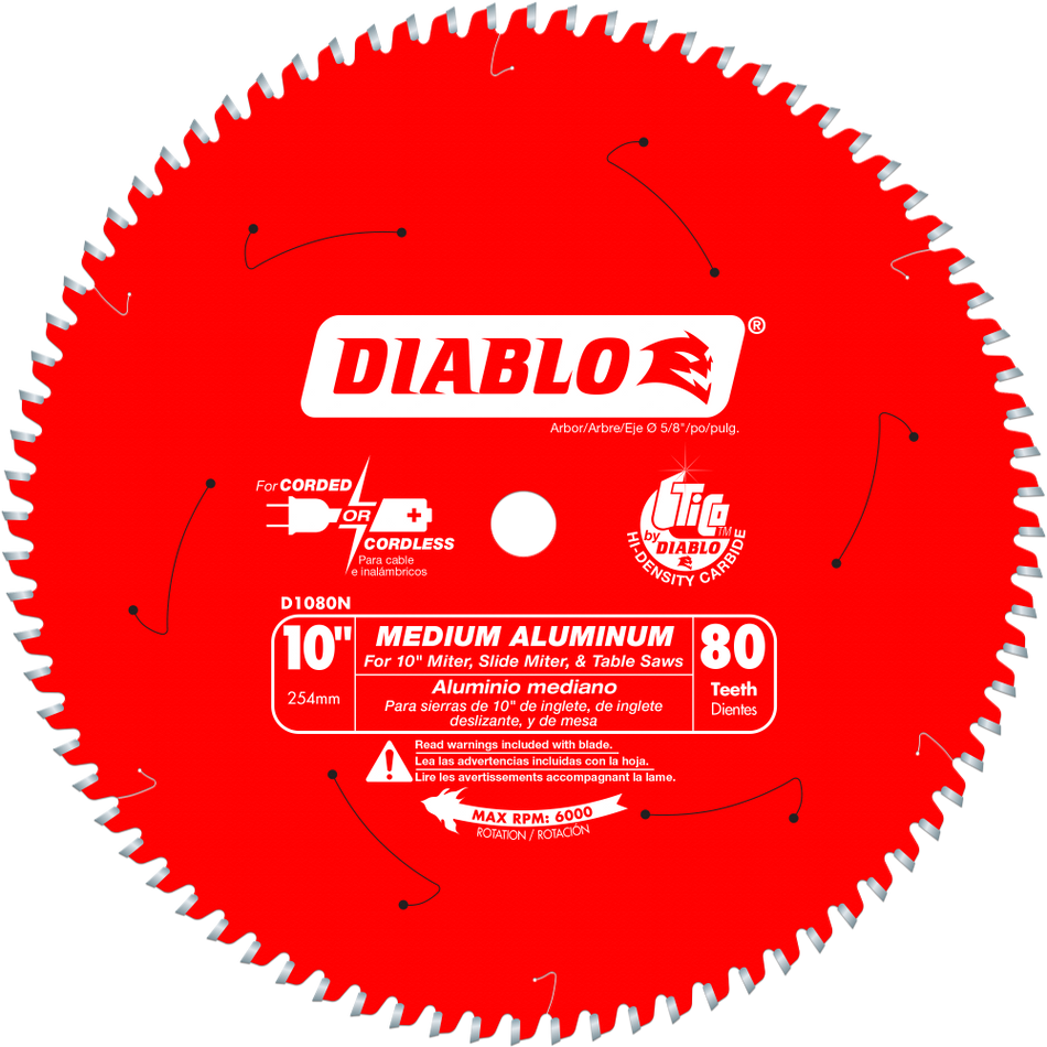 Diablo D1080N, 10" x 80T TCG Non- Ferrous/Plastic Blade