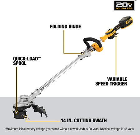 DEWALT DCST922P1, 20V MAX Cordless Brushless 14" Folding String Trimmer Kit (5.0 Ah)