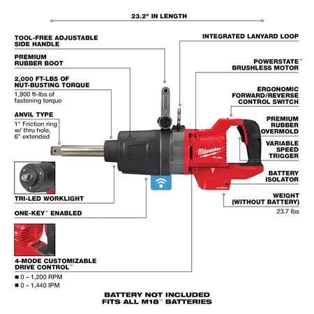 Milwaukee 2869-22HD, M18 FUEL 1" D-Handle High Torque Impact Wrench w/Ext. Anvil ONE-KEY Kit