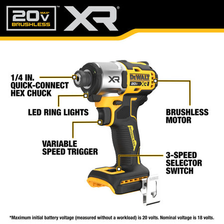 DEWALT DCF845B, 20V MAX XR 1/4" 3-Speed Impact Driver (Tool Only)