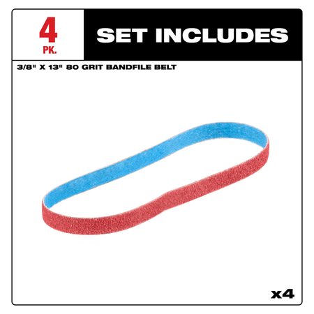 Milwaukee 48-80-7080, 3/8” x 13” 80 Grit Bandfile Belts – 4 pack