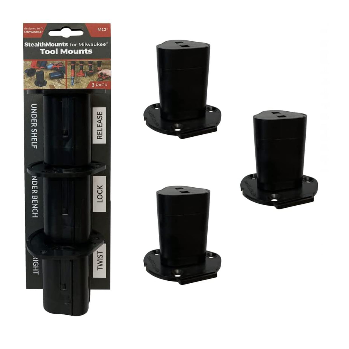 StealthMounts TM-MW12-BLK-3, Milwaukee M12 Tool Mount (3 pack)