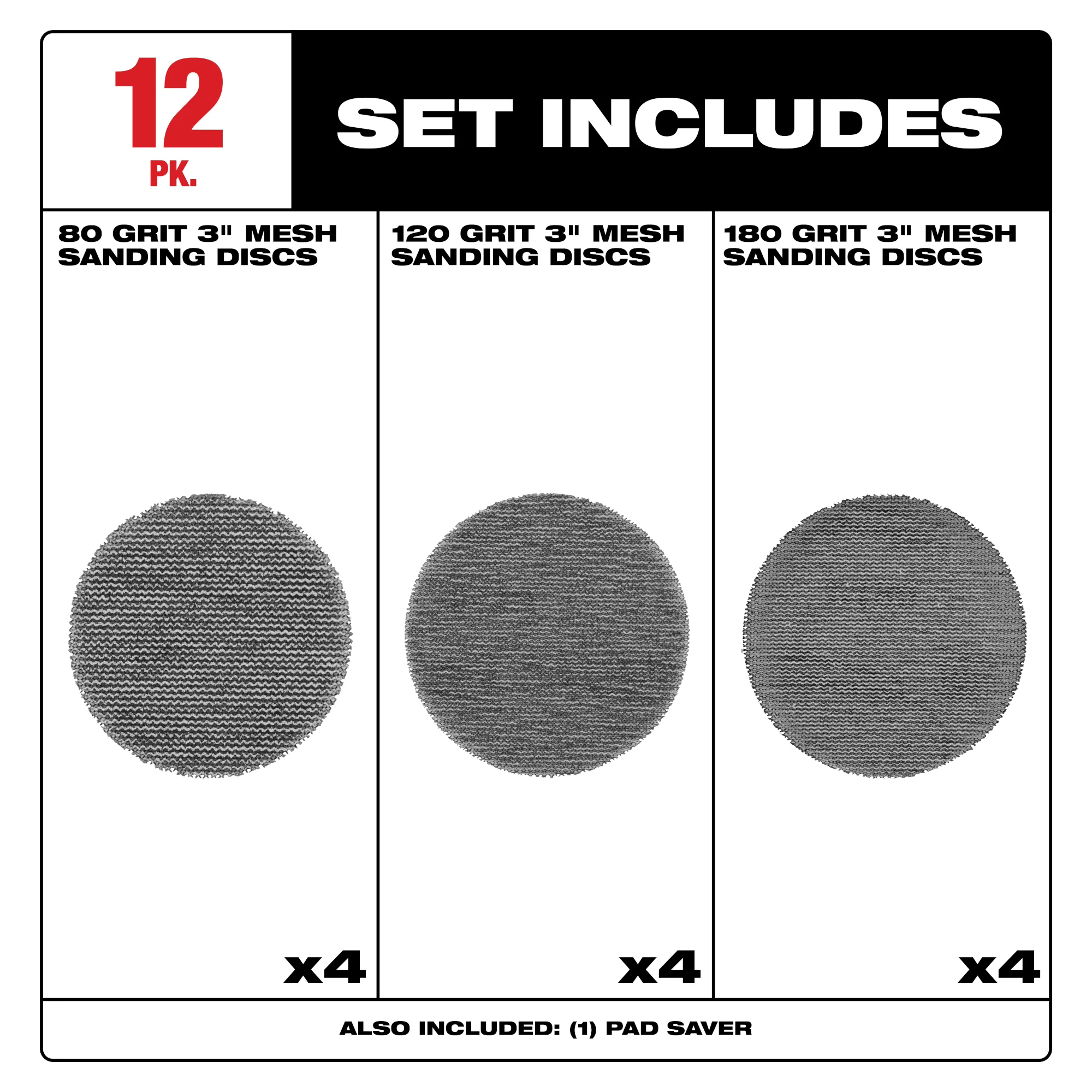 Milwaukee 48-80-6405, 3” Assorted 80, 120, 180 Grit Mesh Sanding Discs with POWERGRID™ Tear Resistant Mesh – 12 pk + Pad Saver