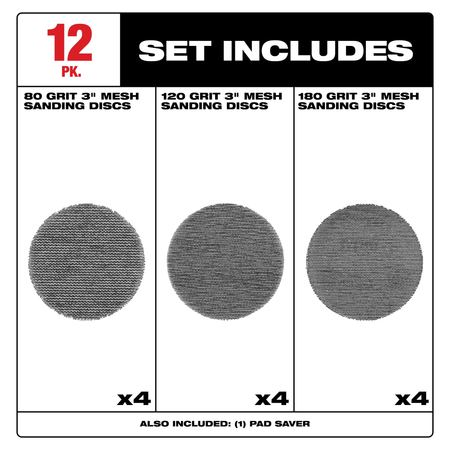 Milwaukee 48-80-6405, 3” Assorted 80, 120, 180 Grit Mesh Sanding Discs with POWERGRID™ Tear Resistant Mesh – 12 pk + Pad Saver