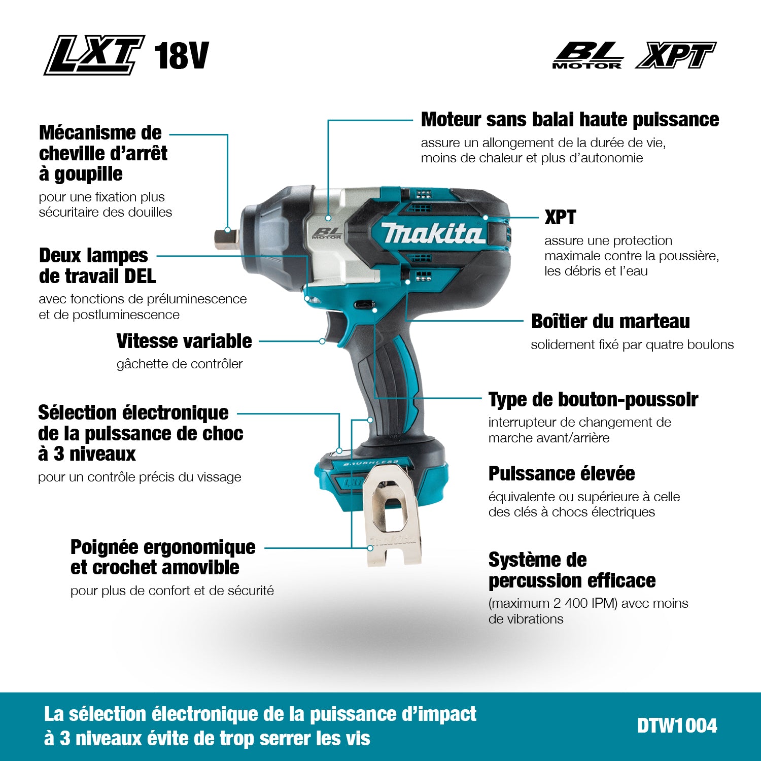 Makita DTW1004Z, 18V LXT Brushless High Torque 1/2" Impact Wrench (Tool Only)