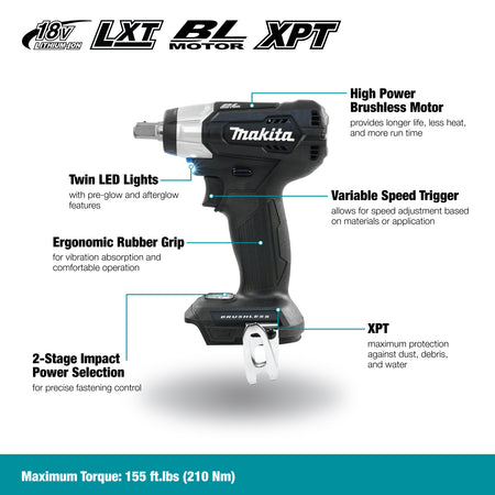 Makita DTW181ZB, 18V LXT Brushless Cordless 1/2" Sub-Compact Impact Wrench w/Pin-Detent & XPT (Tool Only)
