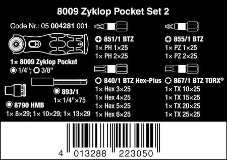 Wera 05004281001, 8009 ZYKLOP POCKET SET 2, 18 PIECES