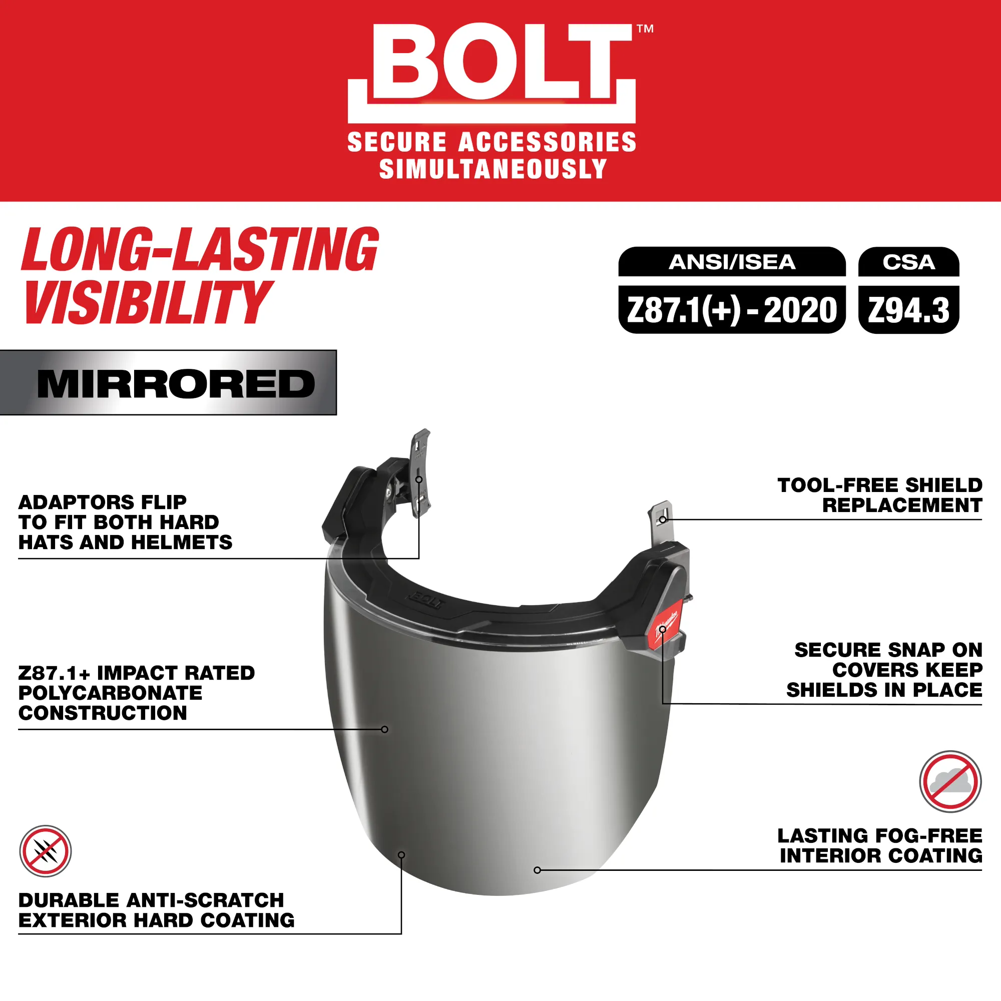 Milwaukee 48-73-1429, BOLT™ Full Face Shield - Mirrored Dual Coat Lens (Compatible with Milwaukee® BOLT™ Safety Helmets & BOLT™ Hard Hats)