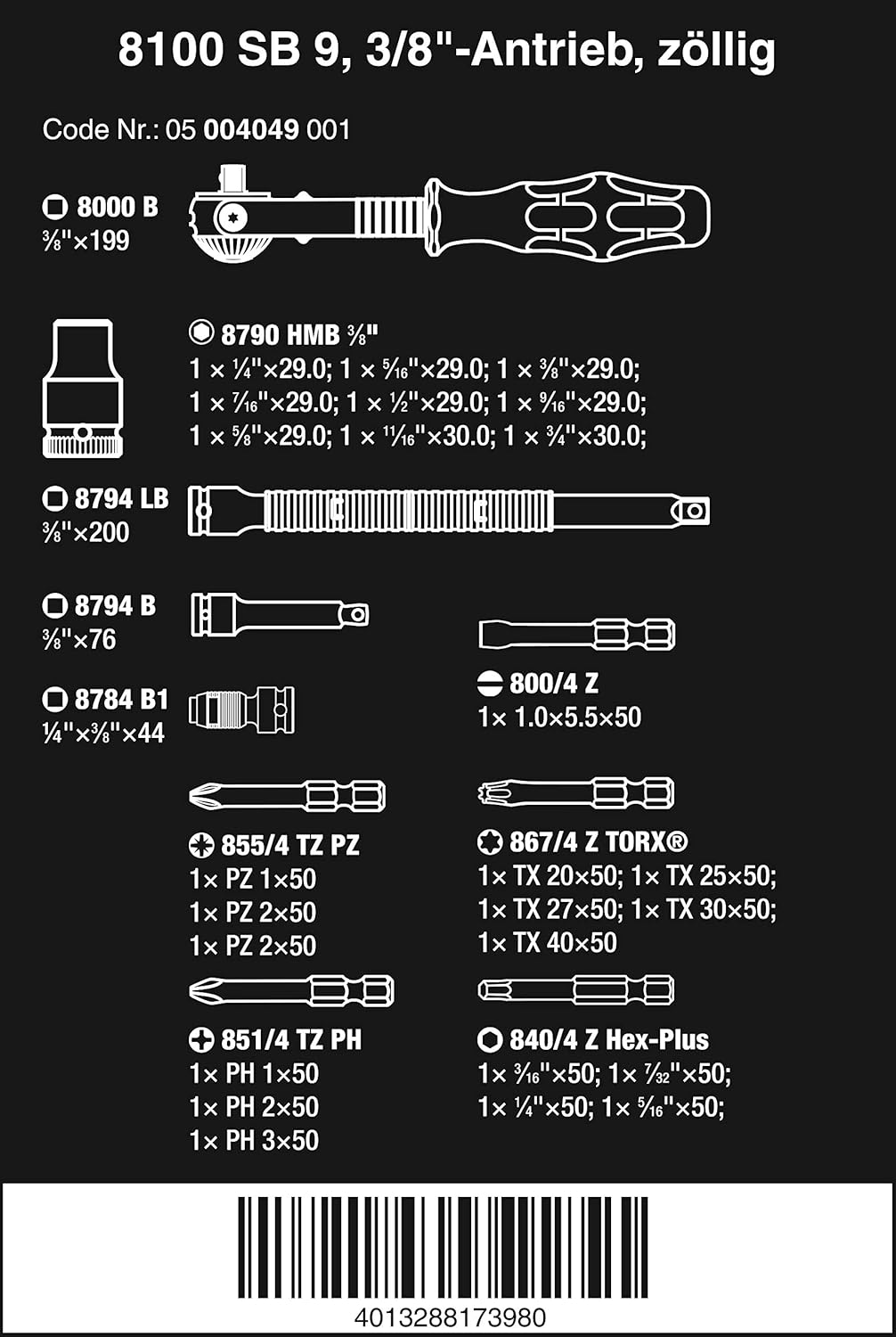 Wera 05004049001, 8100 SB 9 ZYKLOP SPEED RATCHET SET, 3/8" DRIVE, IMPERIAL, 29 PIECES