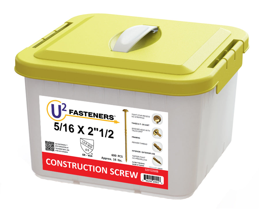 U2 Fasteners S20102500B, Construction Screw 5/16 X 2-1/2" (600/pkg)