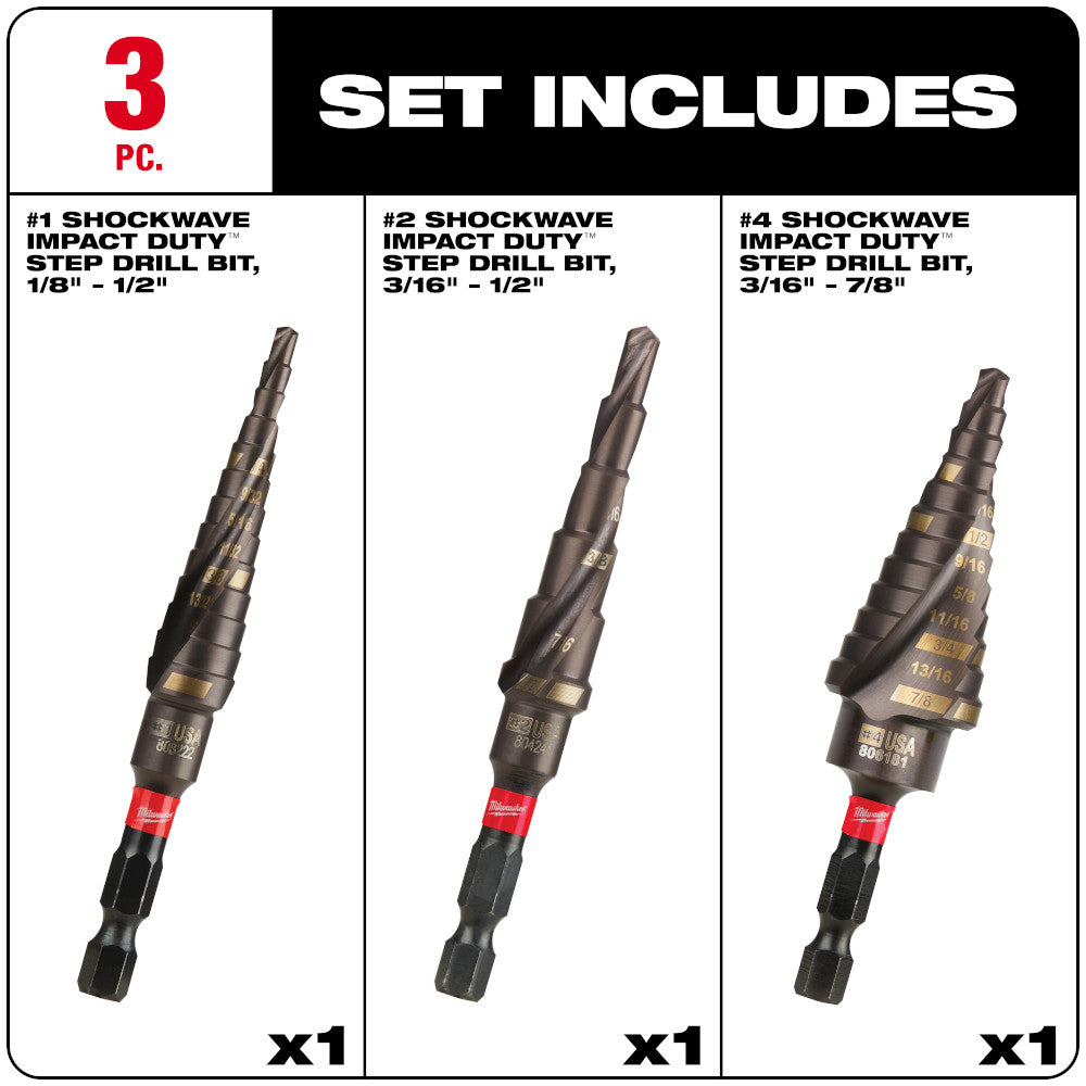 Milwaukee 48-89-9254, SHOCKWAVE Impact Duty Step Drill Bit 3pc Set (#1, #2, #4)