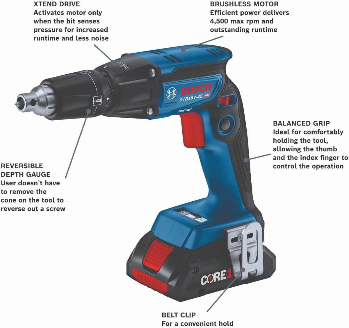 BOSCH GTB18V-45B15, 18V Brushless Screwgun Kit w/ (1) 4.0 Ah CORE Compact Battery