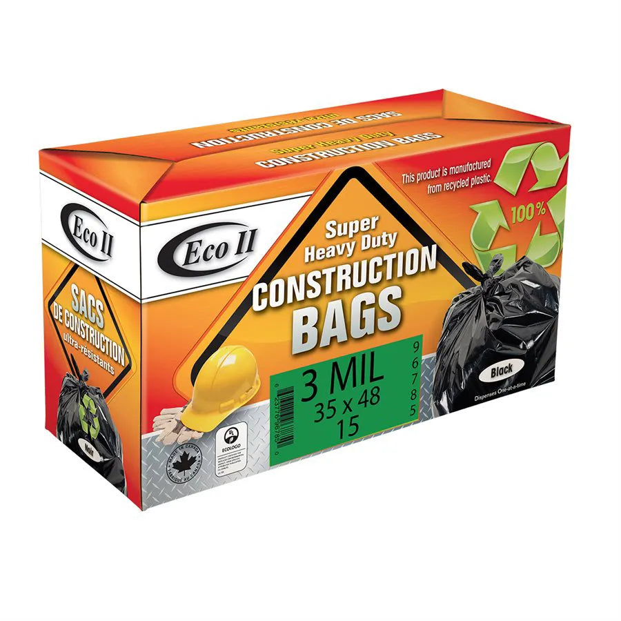 Eco II 96785, 15PK Construction Garbage Bags 35x48in 3mil Black