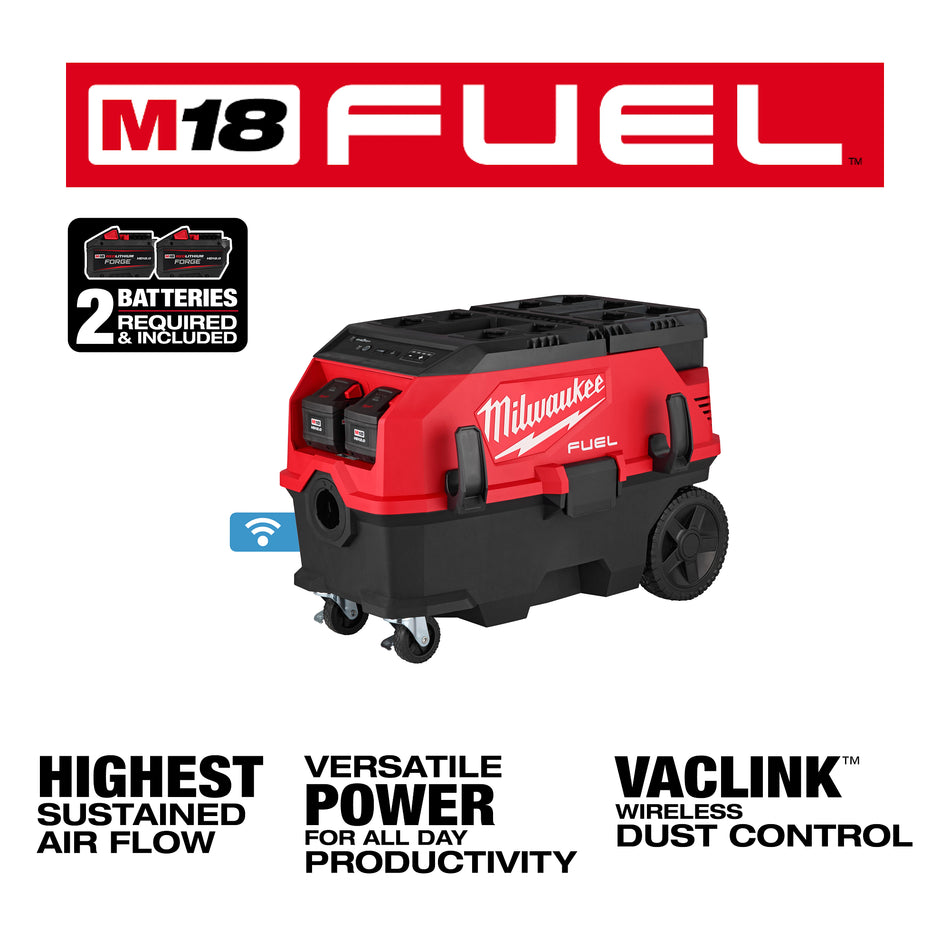 Milwaukee 0888-22HD, M18 FUEL™ 9 Gallon Dual Battery Dust Extractor w/ PACKOUT™ Compatibility and VACLINK™ Kit