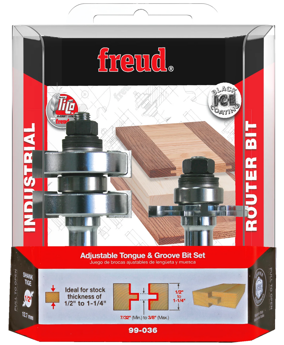 Freud 99-036, Carbide Router Bit - 1-3/4" Adjustable Tongue & Groove Bit Set (1/2" Shank)