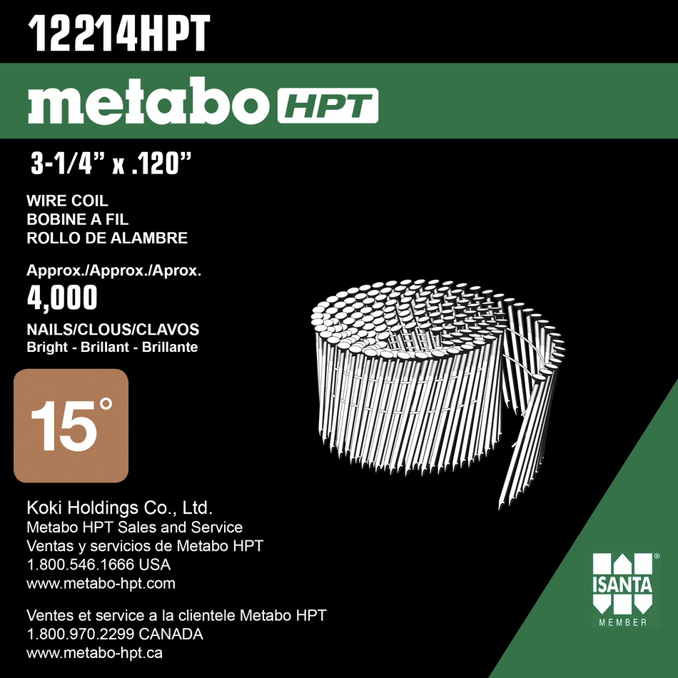 Metabo HPT 12214, 3-1/4 Inch Full Round Head Bright Basic Wire Coil Nail (4.5M/BOX)