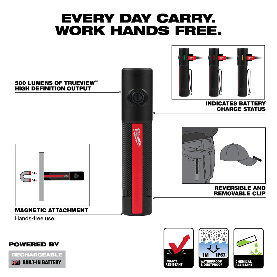Milwaukee 2011R, Rechargeable 500L Everyday Carry Flashlight w/ Magnet