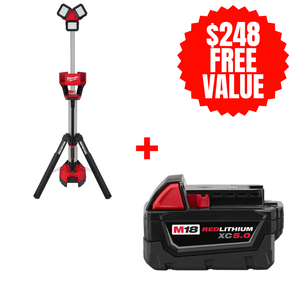 Milwaukee 2136-20 + 48-11-1850, M18 ROCKET Tower Light/Charger (Tool Only) + FREE M18 REDLITHIUM XC Battery (5.0 Ah)