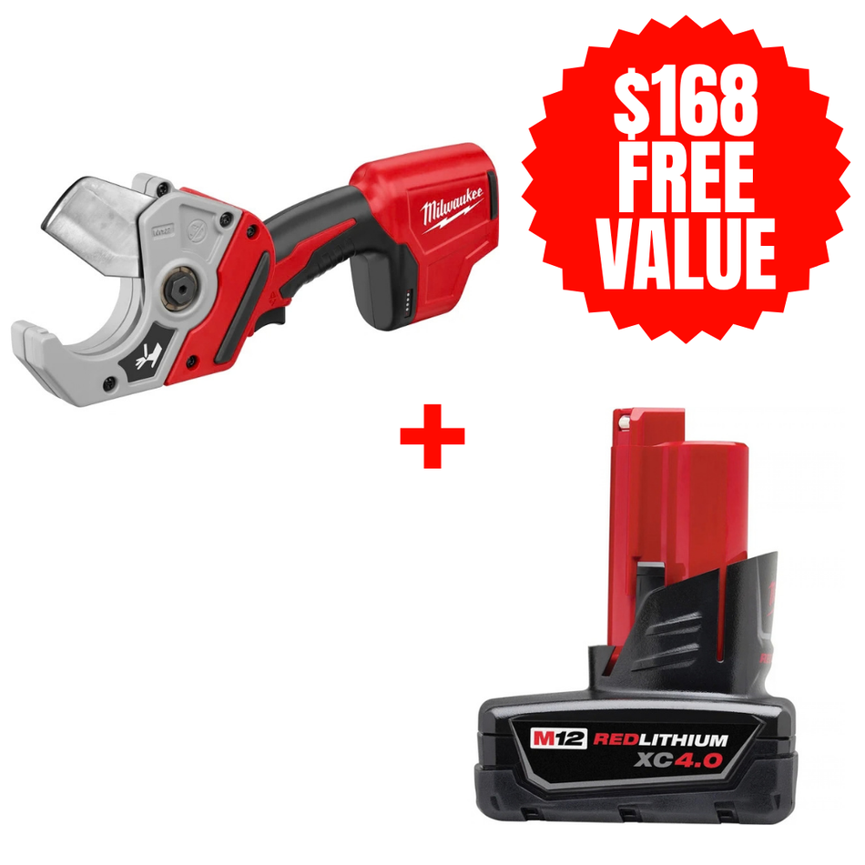 Milwaukee 2470-20 + 48-11-2440, M12™ Plastic Pipe Shear (Tool Only) + FREE M12 REDLITHIUM XC Extended Capacity Battery (4.0 Ah)