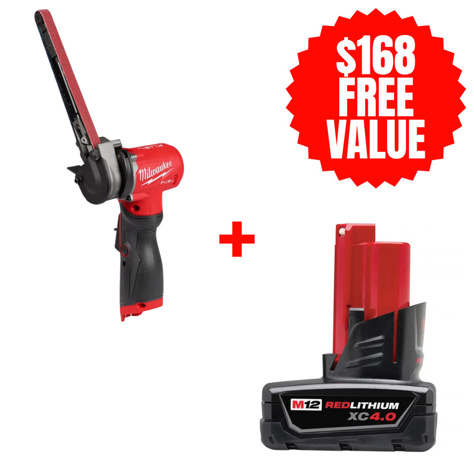 Milwaukee 2482-20 + 48-11-2440, M12 FUEL™ 1/2" X 18" Bandfile + FREE M12 REDLITHIUM XC Extended Capacity Battery (4.0 Ah)