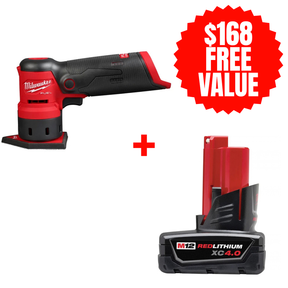 Milwaukee 2531-20 + 48-11-2440, M12 FUEL™ Orbital Detail Sander + FREE M12 REDLITHIUM XC Extended Capacity Battery (4.0 Ah)