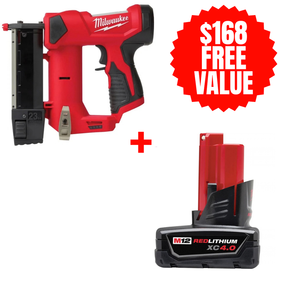 Milwaukee 2540-20 + 48-11-2440, M12 23 Gauge Pin Nailer (Tool Only) + FREE M12 REDLITHIUM XC Extended Capacity Battery (4.0 Ah)