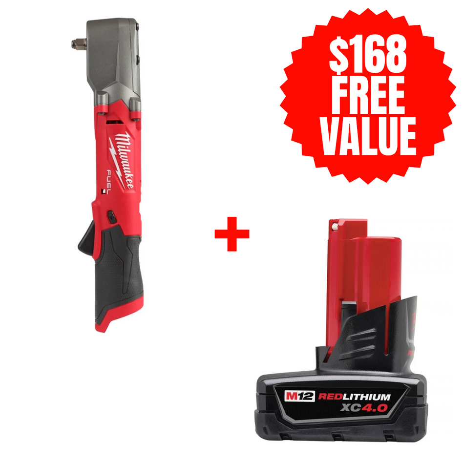 Milwaukee 2564-20 + 48-11-2440, M12 FUEL 3/8" Right Angle Impact Wrench (Tool Only) + M12 REDLITHIUM XC Extended Capacity Battery (4.0 Ah)FREE