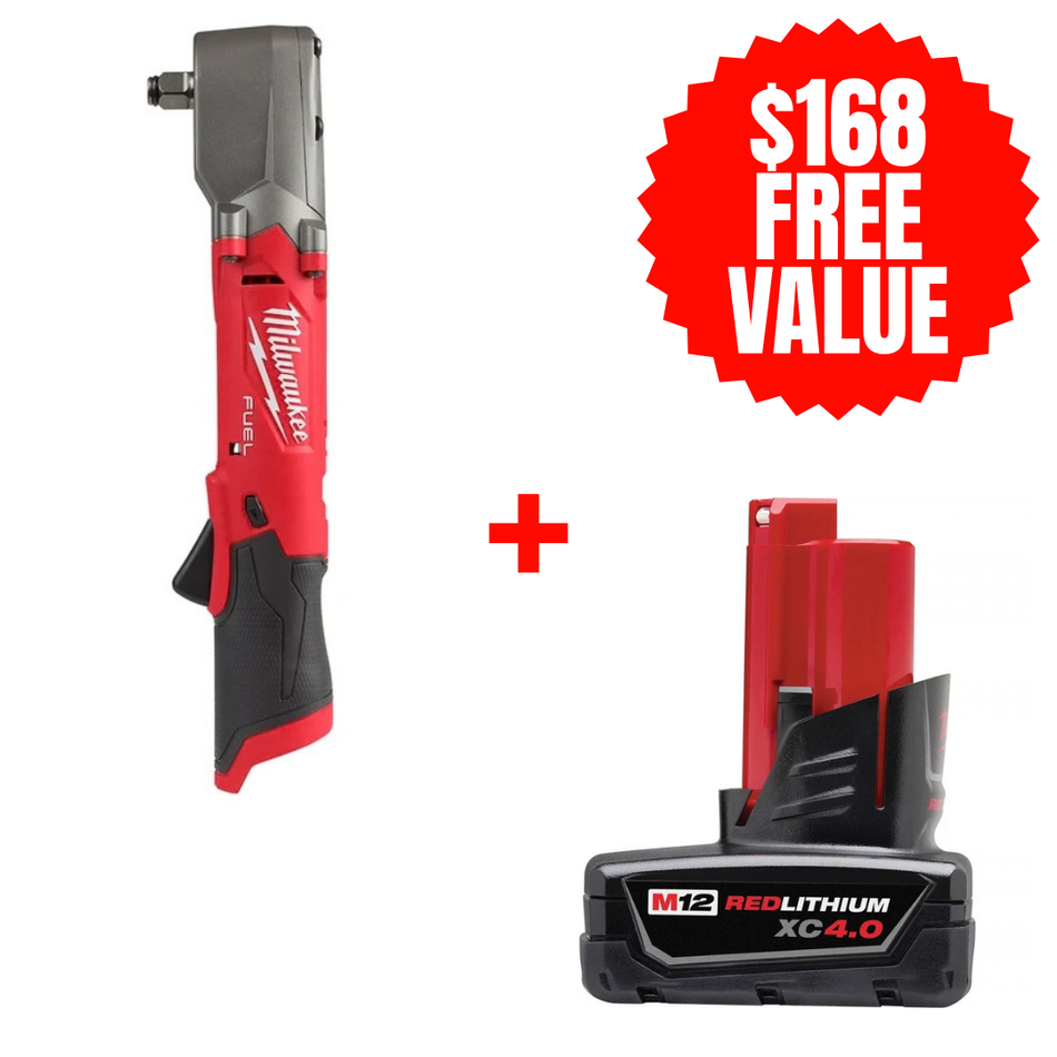 Milwaukee 2565-20 + 48-11-2440, M12 FUEL 1/2" Right Angle Impact Wrench (Tool Only) + FREE M12 REDLITHIUM XC Extended Capacity Battery (4.0 Ah)