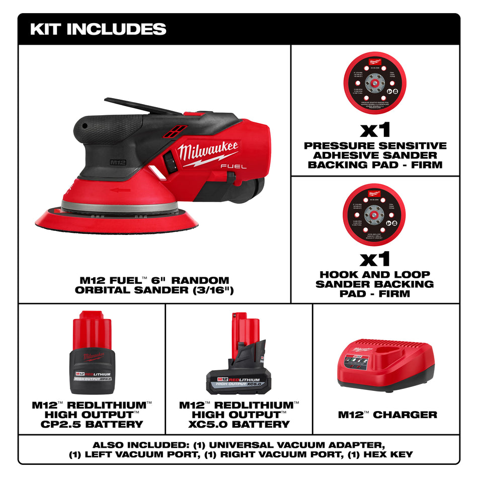 Milwaukee 2585-22CX, M12 FUEL™ 6" Random Orbital Sander Kit (3/16")